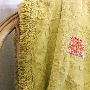 Vintage Chartreuse Cotton Brocade Fringed Bedspread, Sashiko Mended, Queen or Full, Sun Floral Bohemian Coverlet with Fringe 