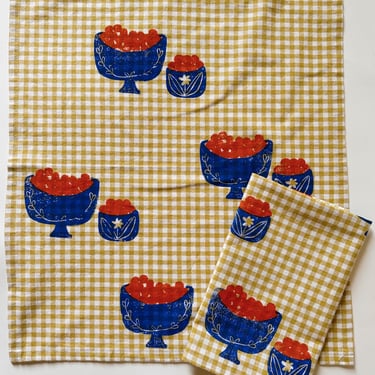 linen dinner napkins. orange bowl on gingham. hand block printed. placemats / tea towel. blue and red. boho home. hostess housewarming gift. 