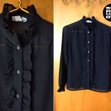 Vintage 70s 80s Black Ruffle Collar Long Sleeve Button Down Blouse 