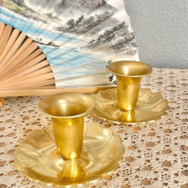 Vintage Candle Holders Set 2, Petal Design, Brass Finish, Sustainable Living, Mid Century Decor, Hollywood Regency, 50s 60s 