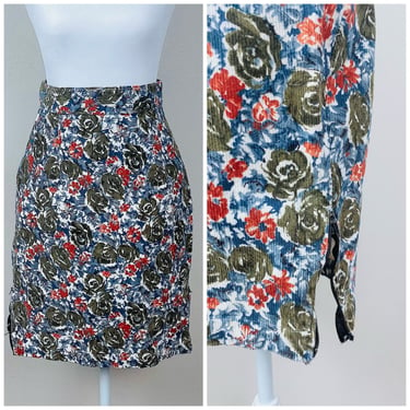 1980s Vintage Olive Green and Blue Corduroy Skirt / 80s / Eighties High Waisted Floral Side Zip Cotton Mini Skirt / Size Small 
