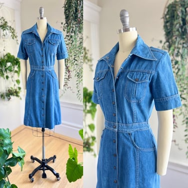 Vintage 1970s Shirt Dress | 70s Blue Denim Snap Up Front Boho Utility Workwear Mini Shirtwaist Day Dress (small) 