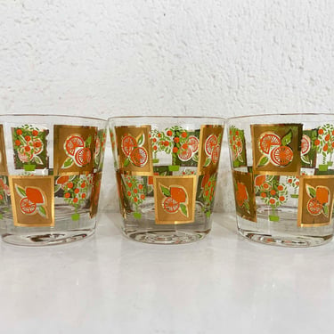 Vintage Orange Rocks Glasses Set of 3 Anchor Hocking Glassware Gold Floral Glass Barware Retro Bar 1960s 