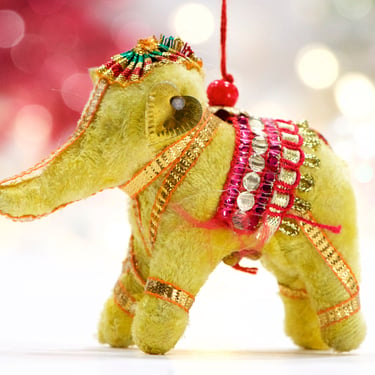 VINTAGE: India Folk Art Fabric Elephant Ornament - Yellow Elephant - Colorful Dangle - Handmade - Good Luck - SKU 