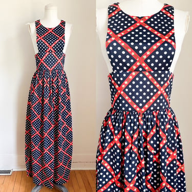 Vintage 1970s Floral & Dotted Maxi Pinafore Dress / XS 