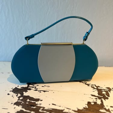 Step Brightly - Vintage 1950s 1960s Cyan Teal Blue & Light Blue Vinyl Handbag Purse 