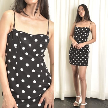 Vintage 1990s Dress / 90s Polka Dot Silk Mini Dress / Black White ( XS S ) 