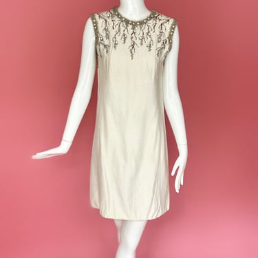 S/M 1960s White Silk Beaded Shift Dress 