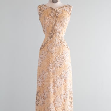 Exquisite 1960's Couture Lace Fully Beaded Evening Gown / Petite Medium