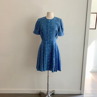 1980s vintage Albert Nipon ss blue print silk dress-size S 