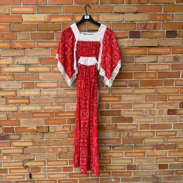 vintage 70s red paisley bandana print angel wing maxi dress / xs s extra small 