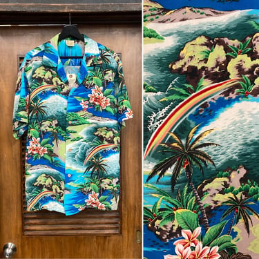 Vintage 1950’s Size XL “Hale Hawaii” Tropical Island Scene Crepe Hawaiian Shirt, 50’s Floral Shirt, Vintage Clothing 