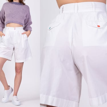 80s White Colorful Button High Waisted Shorts - Small, 25.5" | Vintage Casual Pleated Wide Leg Mom Shorts 