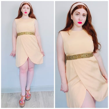 1960s Vintage Nat Kaplan Peach Beaded Waist Mini Dress / 60s / Sixties Pastel Wrap Skirt Mod Dress / Medium - Large 