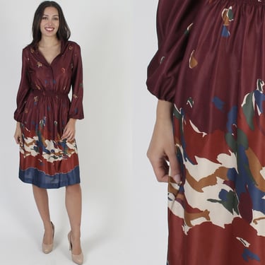 Casual 70s Burgundy Abstract Print Cocktail Party Dress 