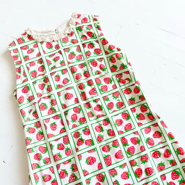 1960s Strawberry Print Shift Dress with Ruffled Neckline 