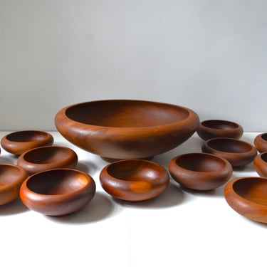 Incredible Artisan Made Modernist 16" Salad Bowl Set in Solid Walnut, 13 piece set 