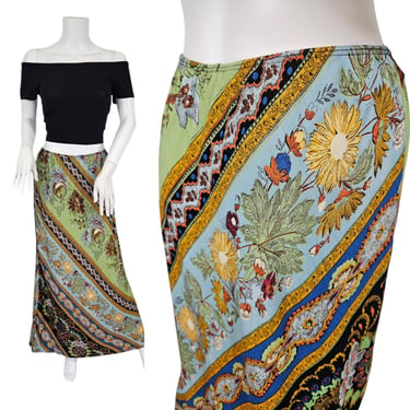 1990s Turq. Blue Tapestry Print Rayon Bias Cut Long Maxi Pencil Skirt I Sz Med I Carol Little 