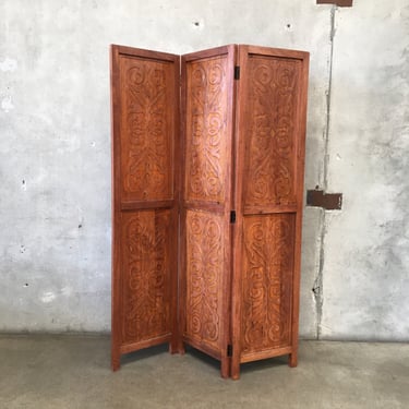 Mid Century Three Panel Room Divider with Carved Details