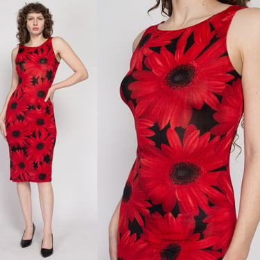Small 90s Red Daisy Floral Tank Dress | Vintage Slinky Sleeveless Midi Party Dress 