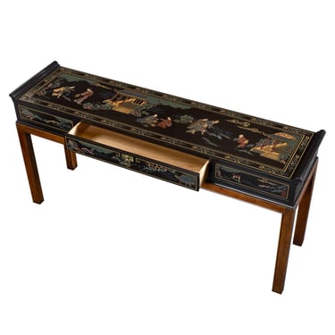 Drexel Asian Black Lacquer Console Table with Drawer and Chinoiserie Painted Motifs 