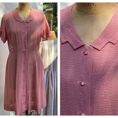 1960's Pink Dress / 45"-36"-50" Rhinestone Button Cotton Dress / Summer Button Front Collar Dress 