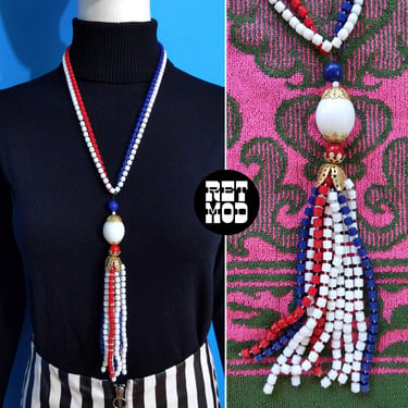 Fantastic Vintage 60s 70s Red White Blue Beaded Tassel Statement Necklace 