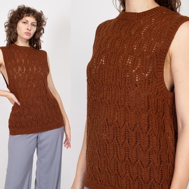 Lrg-XL 80s Copper Knit Sleeveless Sweater | Vintage Crew Neck Low Armhole Vest Top 