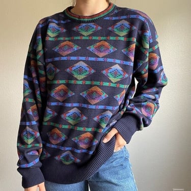 Vintage Womens Geometric 90s Grandpa Oversized Aztec Crewneck Western Sweater M 