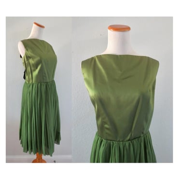 Vintage 60s Party Dress - Formal Cocktail Wedding Guest Dress - Olive Green Sleeveless Square Neck Midi Length - NWT Deadstock - Size Large 