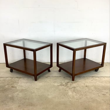 Mid-Century Two-Tier Glass Top Side Tables- Pair 