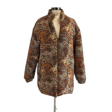 Vintage 90s Y2K Rafaella 100% Silk Leopard Big Cat Print Oversized Bomber Puffer Jacket Medium 