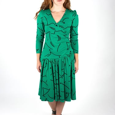Vintage 1980s OOPS California Green Abstract Patterned Asymmetrical Wrap Style Dress with Drop Waist 