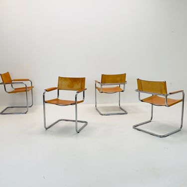 Set of 4 Mid century Model S34 Cognac Leather armchairs by Mart Stam & Marcel Breuer 1980s Italy 