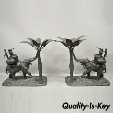 Maitland Smith Bronze Monkey Elephant Palm Tree Sculpture Candle Holder - a Pair