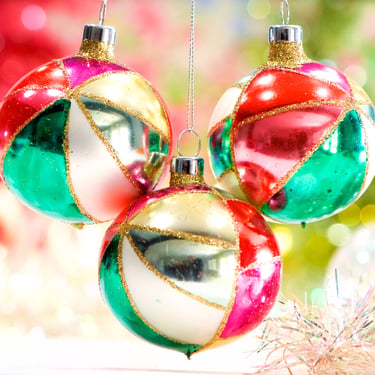 VINTAGE: 1990s - 3pc - Hand Blown Colorful Glass Ornaments - Glittered Ornaments - Christmas - SKU 30-401-00033691 