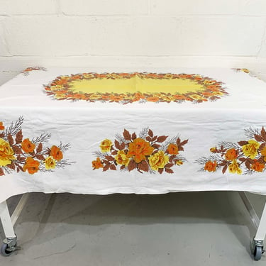 Vintage Floral Tablecloth Flower Print Pattern Mid-Century Long Rectangle Table Cloth Dining Kitchen Decor Autumn Fall Orange 1960s 1970s 
