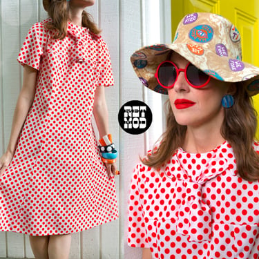 POP ART Vintage 60s 70s Red White Polka Dot Poly Dress with Neck Tie 