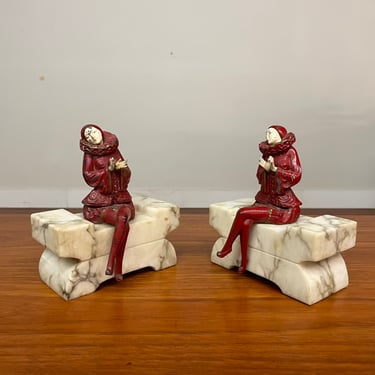 French Harlequin Art Deco Marble Bookends Pair