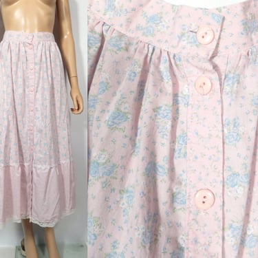 Vintage 70s/80s Prairie Cottage Floral Button Front Cotton Blend Maxi Skirt Made In USA Size S/M 