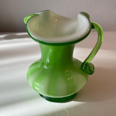 Art Glass Green Pitcher with Applied Handled | Ruffled Edge Green Glass Creamer Pitcher | Green Ruffled Small Glass Pitcher 