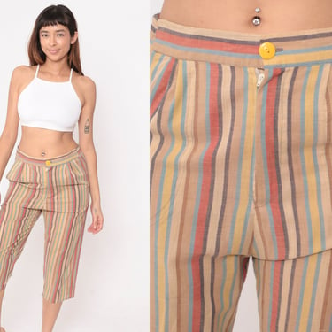 70s Striped Capri Pants Cropped Pants High Waisted Pants Retro Hippie Flares Boho Trousers Tan Red Blue Yellow Vintage 1970s Small S 