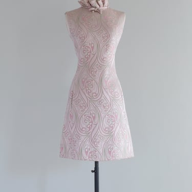 Darling 1960's Pink & Green Brocade Cocktail Dress / Medium
