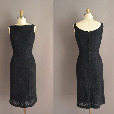 1950s dress | Beautiful Black Cotton Lace Cocktail Party Pencil Skirt Dress | Small | 50s vintage dress 