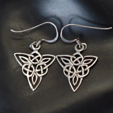 Dainty 80's sterling Celtic triquetra triangle dangles, intricate 925 silver trinity knot earrings 