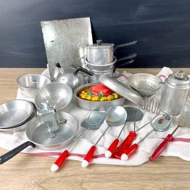 Child's kitchen aluminum baking set and utensils - vintage 1960s 
