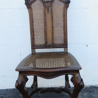 French Late 1800s Carved Hand Made Caning Tall Side Accent Vanity Chair 3754