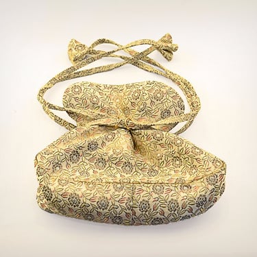 50s Bag // 1950's Metallic Floral Brocade Drawstring Evening Bag 