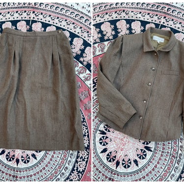 Vintage ‘80s Jones New York skirt suit | muted brown and gray check, matching skirt & blazer, 2 small holes, S/M 