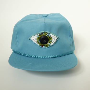 Beaded Third Eye Upcycled Vintage 90's Hat - Turquoise - Glass Beads and Button Eye - Leather Adjustable Strap 